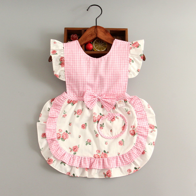 Bērnu ēdināšanas lencīte meitenēm, bez piedurknēm, ūdensnecaurlaidīga, 100% kokvilna, režģa raksts, vecums 1–3 gadi