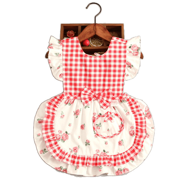 Bērnu ēdināšanas lencīte meitenēm, bez piedurknēm, ūdensnecaurlaidīga, 100% kokvilna, režģa raksts, vecums 1–3 gadi