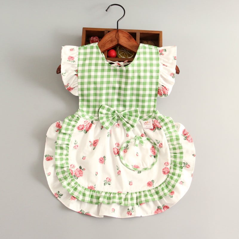 Bērnu ēdināšanas lencīte meitenēm, bez piedurknēm, ūdensnecaurlaidīga, 100% kokvilna, režģa raksts, vecums 1–3 gadi