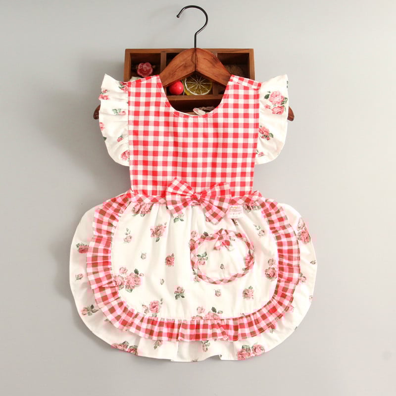 Bērnu ēdināšanas lencīte meitenēm, bez piedurknēm, ūdensnecaurlaidīga, 100% kokvilna, režģa raksts, vecums 1–3 gadi