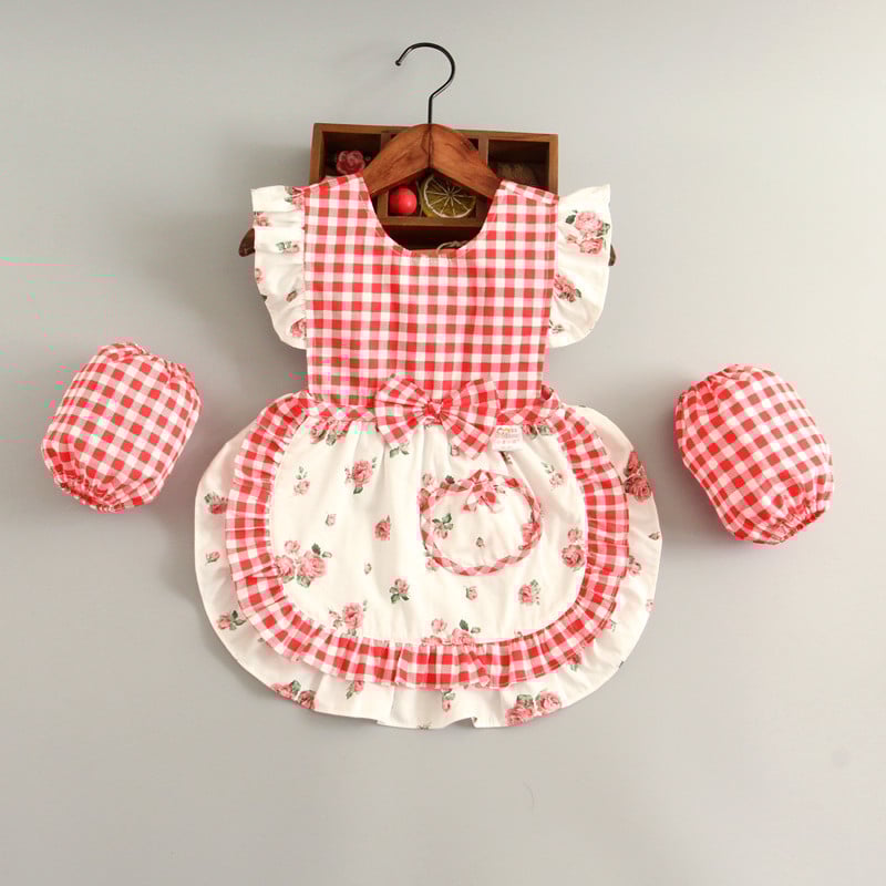 Bērnu ēdināšanas lencīte meitenēm, bez piedurknēm, ūdensnecaurlaidīga, 100% kokvilna, režģa raksts, vecums 1–3 gadi