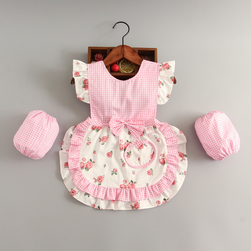 Bērnu ēdināšanas lencīte meitenēm, bez piedurknēm, ūdensnecaurlaidīga, 100% kokvilna, režģa raksts, vecums 1–3 gadi