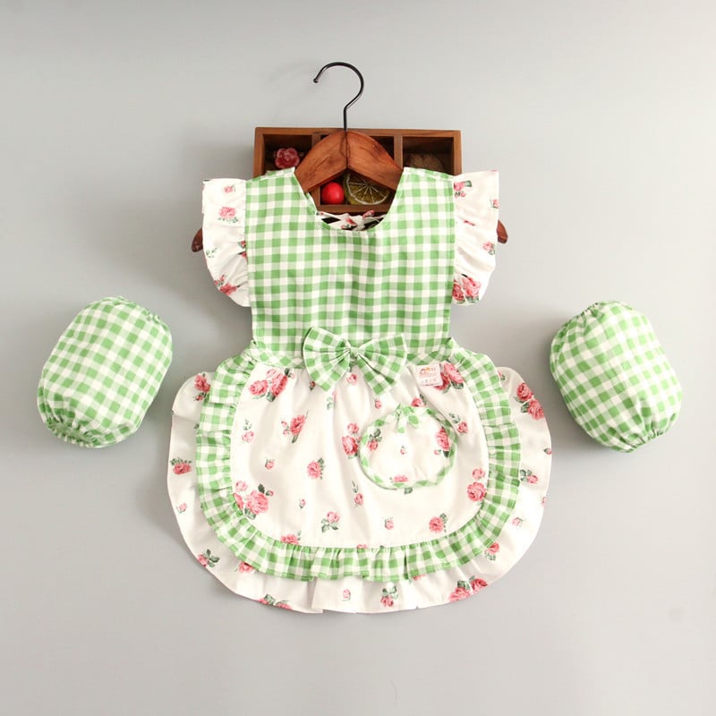 Bērnu ēdināšanas lencīte meitenēm, bez piedurknēm, ūdensnecaurlaidīga, 100% kokvilna, režģa raksts, vecums 1–3 gadi