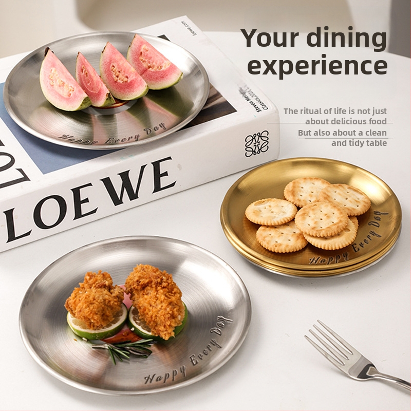 Nerūdijančio plieno kaulų lėkštčių rinkinys, apvalios formos, lengvo prabangos stiliaus, įvairūs raštai