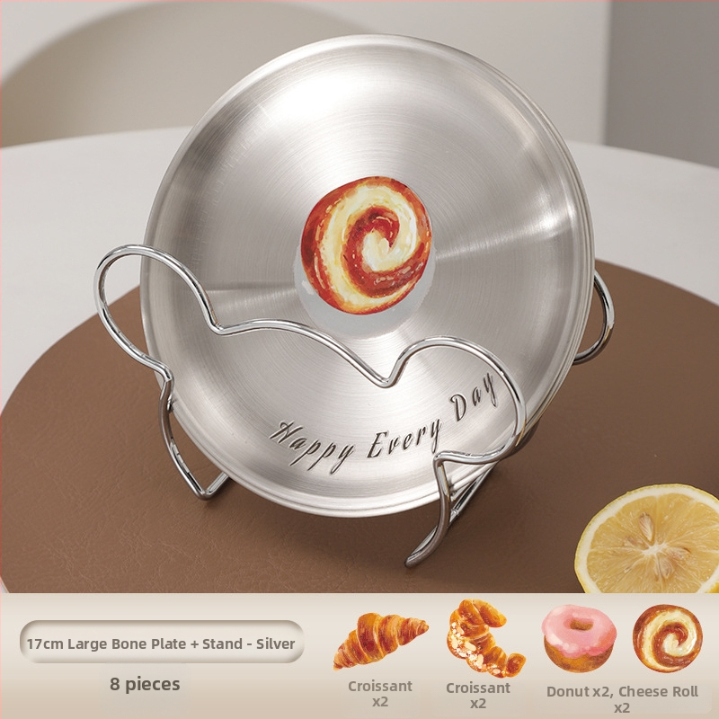 Nerūdijančio plieno kaulų lėkštčių rinkinys, apvalios formos, lengvo prabangos stiliaus, įvairūs raštai