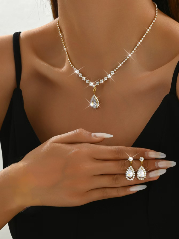 Vjenčani set nakita: ogrlica s kapljicom Rhinestones, naušnice i narukvica s bambusnim lancem, kozmanski uzorak zvijezda/sunca i mjeseca
