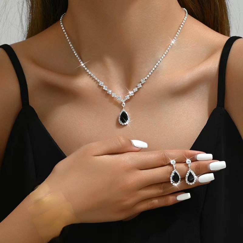 Vjenčani set nakita: ogrlica s kapljicom Rhinestones, naušnice i narukvica s bambusnim lancem, kozmanski uzorak zvijezda/sunca i mjeseca
