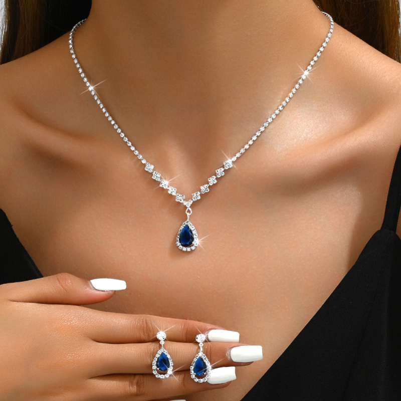 Vjenčani set nakita: ogrlica s kapljicom Rhinestones, naušnice i narukvica s bambusnim lancem, kozmanski uzorak zvijezda/sunca i mjeseca
