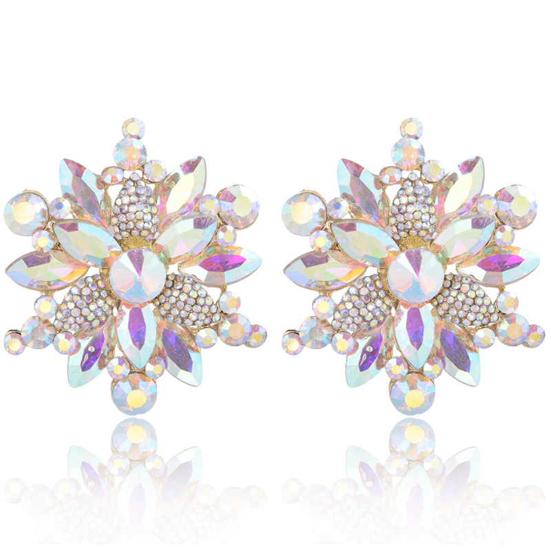 Sakausējuma auskari ar ģeometrisku zieda motīvu, kristāliem un rhinestones, elektrogalvanizēti, nerūsējošā tērauda stieņi