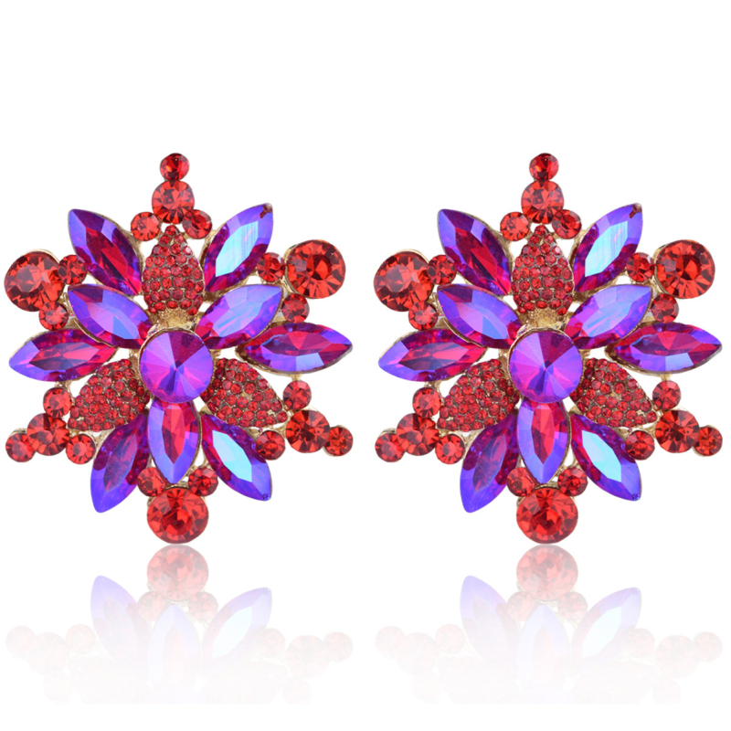 Sakausējuma auskari ar ģeometrisku zieda motīvu, kristāliem un rhinestones, elektrogalvanizēti, nerūsējošā tērauda stieņi