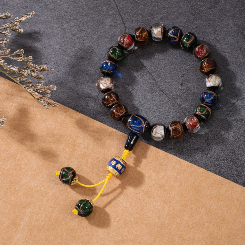 Aranyat nyelő szörny karkötő, üveggolyók Incense-Ash glazúrral, vintage stílus, uniszex, kézzel készített, 19 darab