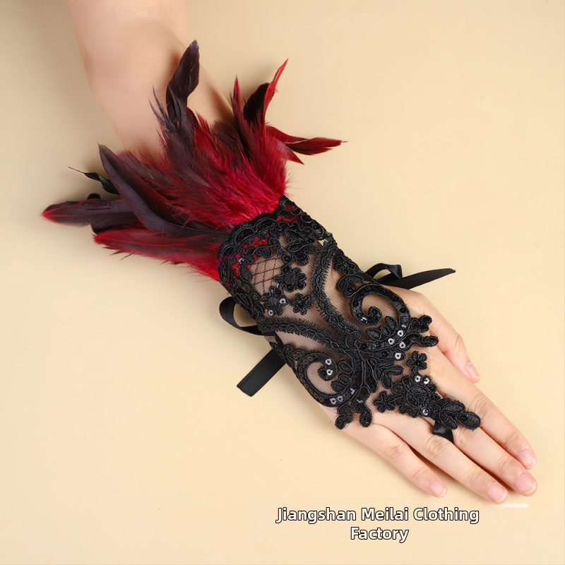 Spārnu pirkstu cimdi ar mežģīnēm dekorācijai ballītēs; sievietēm; Eiropas un Amerikas stils; materiāls: mežģīnes; preces numurs s199