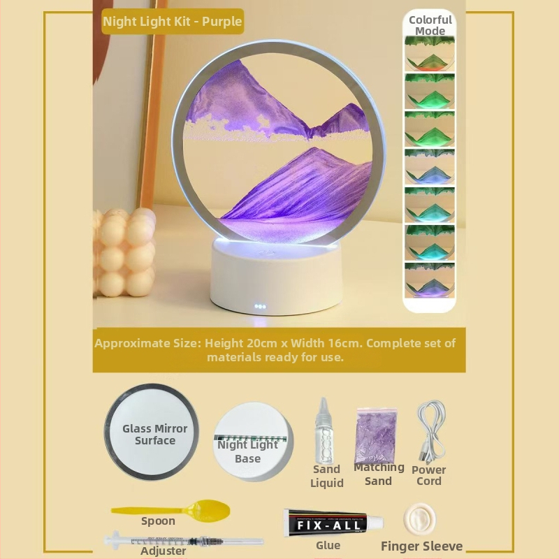 Naktinė lempa su smėlio paveikslu — DIY komplektas iš stiklo, pusiau rankinis gamybos procesas, poliruotas paviršius, abstraktus modernus dekoras svetainei