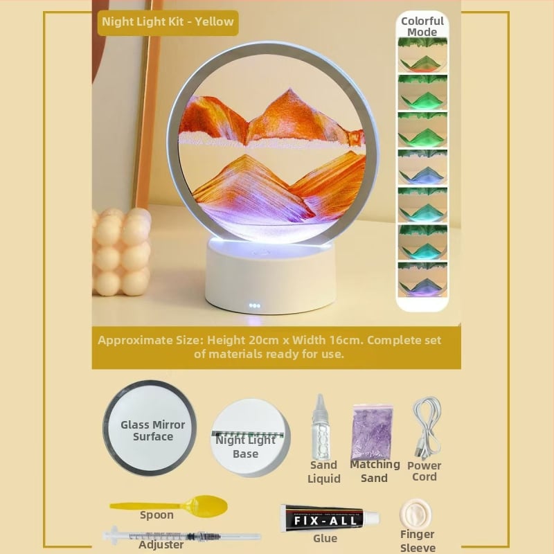 Naktinė lempa su smėlio paveikslu — DIY komplektas iš stiklo, pusiau rankinis gamybos procesas, poliruotas paviršius, abstraktus modernus dekoras svetainei