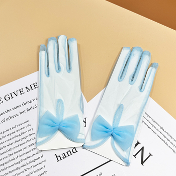 Kāzu īsās cimdi ar lenti un caurspīdīgu mežģīni, poliesteris