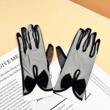 Kāzu īsās cimdi ar lenti un caurspīdīgu mežģīni, poliesteris