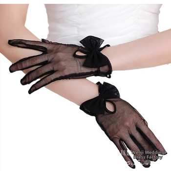 Kāzu īsās cimdi ar lenti un caurspīdīgu mežģīni, poliesteris