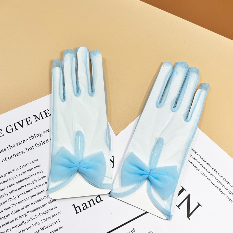 Kāzu īsās cimdi ar lenti un caurspīdīgu mežģīni, poliesteris