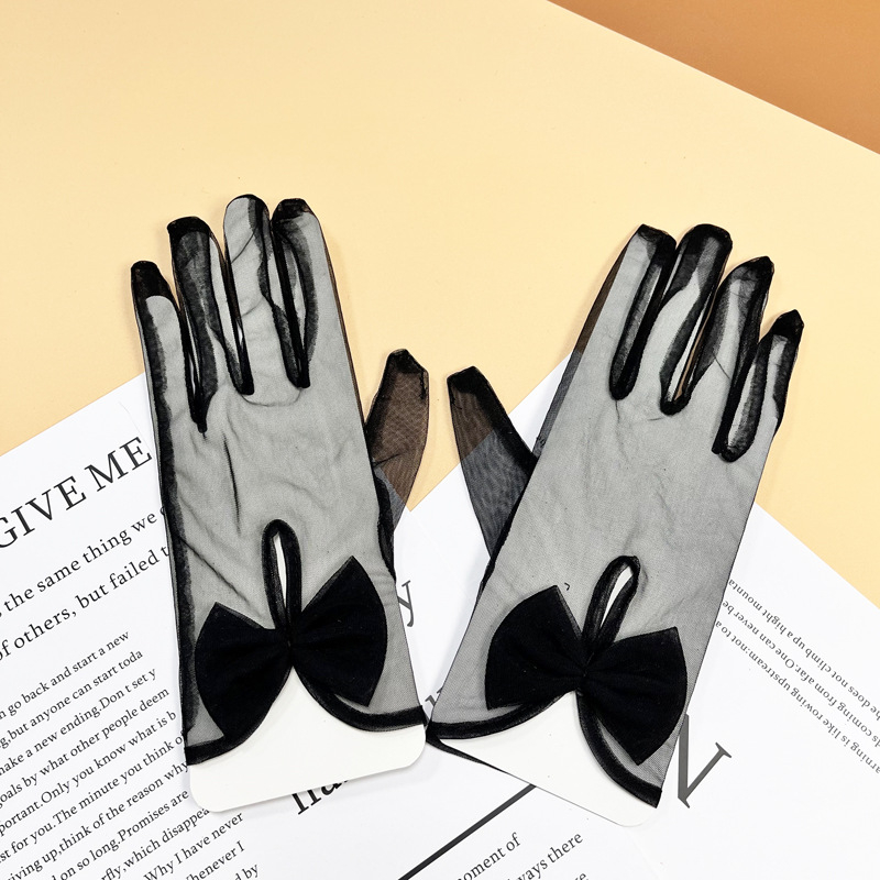 Kāzu īsās cimdi ar lenti un caurspīdīgu mežģīni, poliesteris