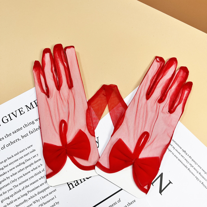 Kāzu īsās cimdi ar lenti un caurspīdīgu mežģīni, poliesteris