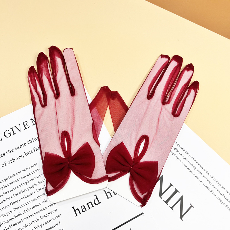 Kāzu īsās cimdi ar lenti un caurspīdīgu mežģīni, poliesteris