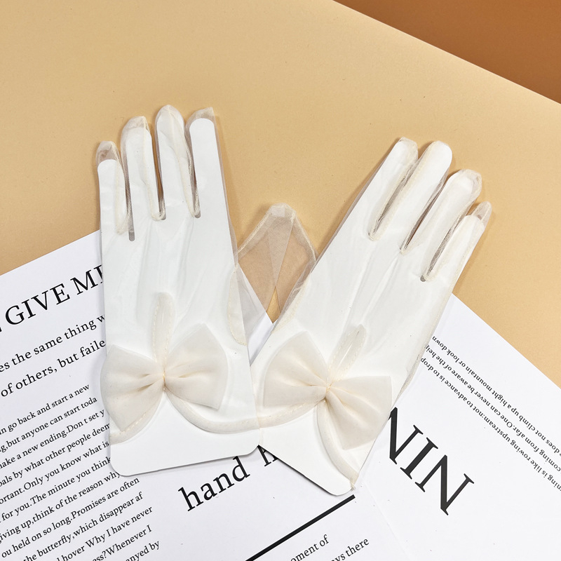 Kāzu īsās cimdi ar lenti un caurspīdīgu mežģīni, poliesteris