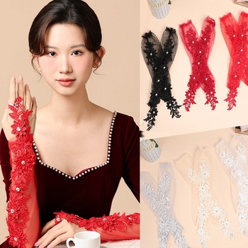 Garās tīkla mežģīņu cimdi ar kristālu akcentiem kāzu tērpam – sievietēm, pavasaris–vasara–rudens, pielāgošana pieejama.