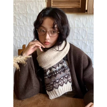 Korejā stilā adīta šalle ar Fair Isle rakstu, komplekts ar kakla sildi un cepuri sievietēm — noliktavā, šalles aksesuāri, pavasara sezona