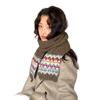 Korejā stilā adīta šalle ar Fair Isle rakstu, komplekts ar kakla sildi un cepuri sievietēm — noliktavā, šalles aksesuāri, pavasara sezona