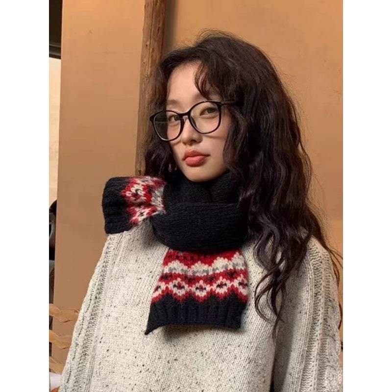 Korejā stilā adīta šalle ar Fair Isle rakstu, komplekts ar kakla sildi un cepuri sievietēm — noliktavā, šalles aksesuāri, pavasara sezona