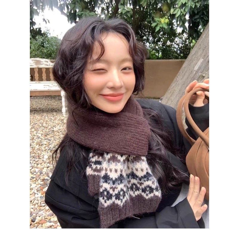 Korejā stilā adīta šalle ar Fair Isle rakstu, komplekts ar kakla sildi un cepuri sievietēm — noliktavā, šalles aksesuāri, pavasara sezona