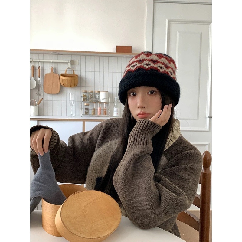 Korejā stilā adīta šalle ar Fair Isle rakstu, komplekts ar kakla sildi un cepuri sievietēm — noliktavā, šalles aksesuāri, pavasara sezona