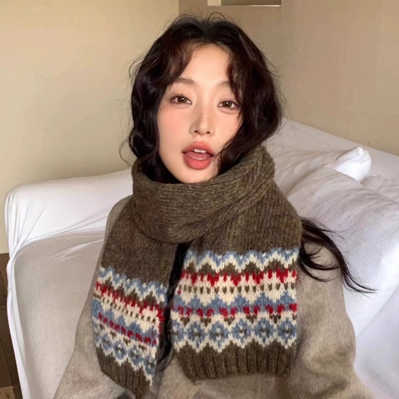 Korejā stilā adīta šalle ar Fair Isle rakstu, komplekts ar kakla sildi un cepuri sievietēm — noliktavā, šalles aksesuāri, pavasara sezona