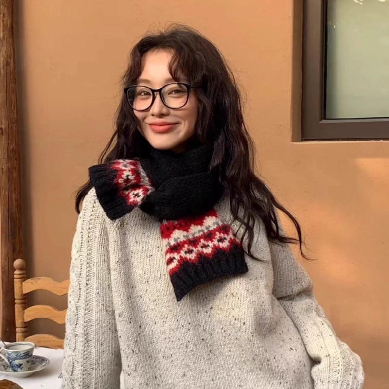 Korejā stilā adīta šalle ar Fair Isle rakstu, komplekts ar kakla sildi un cepuri sievietēm — noliktavā, šalles aksesuāri, pavasara sezona