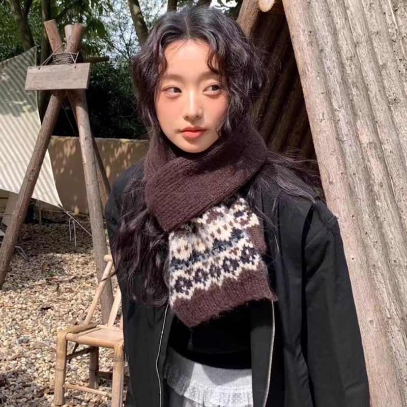 Korejā stilā adīta šalle ar Fair Isle rakstu, komplekts ar kakla sildi un cepuri sievietēm — noliktavā, šalles aksesuāri, pavasara sezona