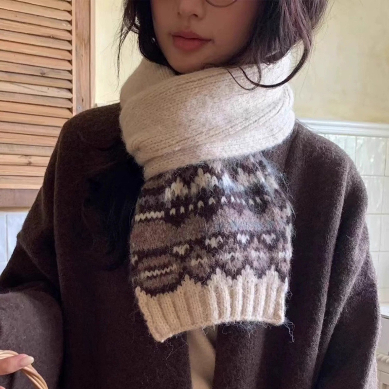 Korejā stilā adīta šalle ar Fair Isle rakstu, komplekts ar kakla sildi un cepuri sievietēm — noliktavā, šalles aksesuāri, pavasara sezona