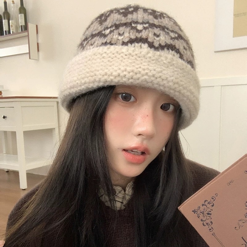 Korejā stilā adīta šalle ar Fair Isle rakstu, komplekts ar kakla sildi un cepuri sievietēm — noliktavā, šalles aksesuāri, pavasara sezona