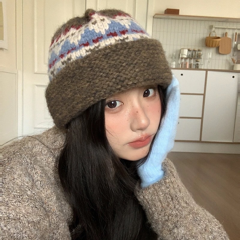 Korejā stilā adīta šalle ar Fair Isle rakstu, komplekts ar kakla sildi un cepuri sievietēm — noliktavā, šalles aksesuāri, pavasara sezona