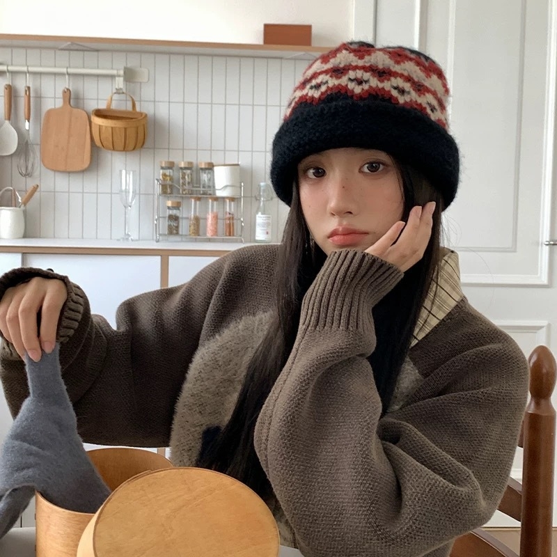 Korejā stilā adīta šalle ar Fair Isle rakstu, komplekts ar kakla sildi un cepuri sievietēm — noliktavā, šalles aksesuāri, pavasara sezona