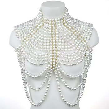 Korpusa ķēde ar daudzslāņainām pērlēm un plecu ķēdi kāzu kleitai — resīns, zīmols Yulapan, sievietes stils, roku adīts, 2025. gada vasara