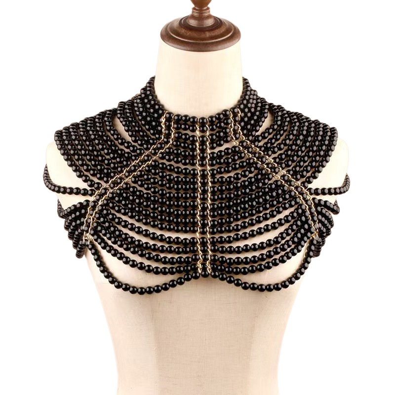 Korpusa ķēde ar daudzslāņainām pērlēm un plecu ķēdi kāzu kleitai — resīns, zīmols Yulapan, sievietes stils, roku adīts, 2025. gada vasara