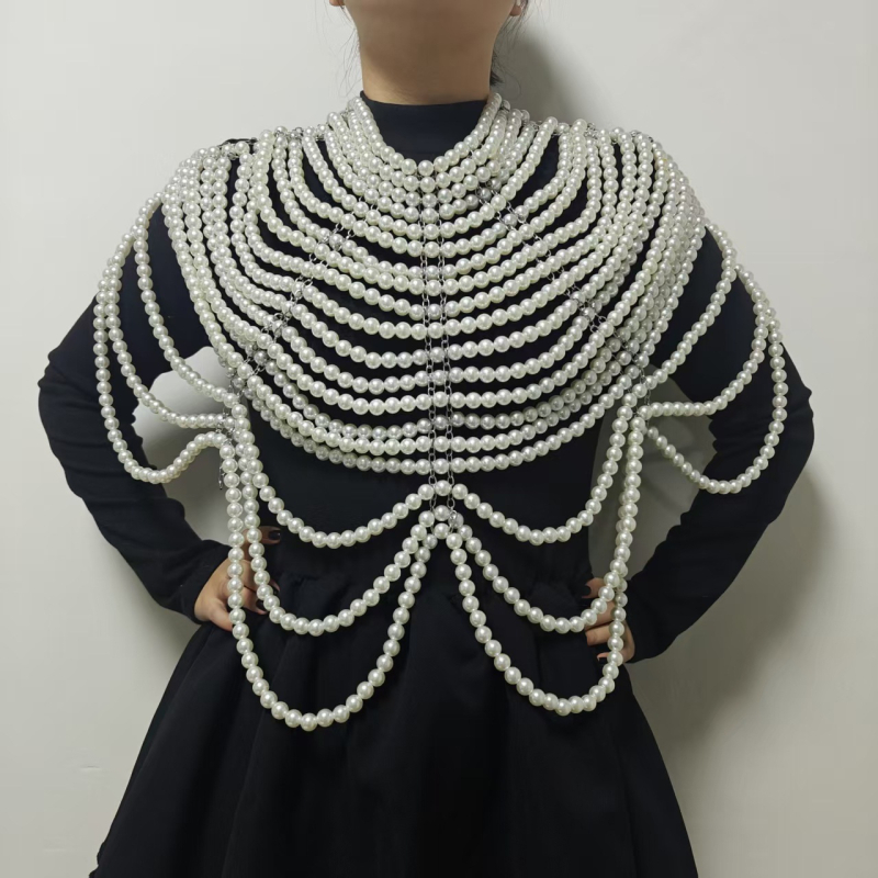 Korpusa ķēde ar daudzslāņainām pērlēm un plecu ķēdi kāzu kleitai — resīns, zīmols Yulapan, sievietes stils, roku adīts, 2025. gada vasara