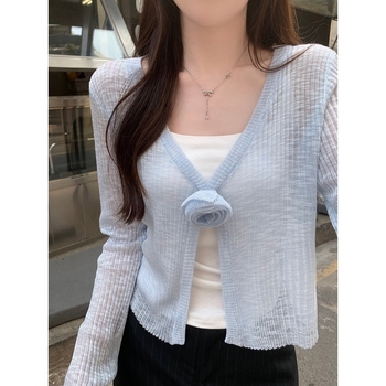 Cardigan tricotat cu imprimeu floral, poliester subțire, mâneci lungi, lungime scurtă