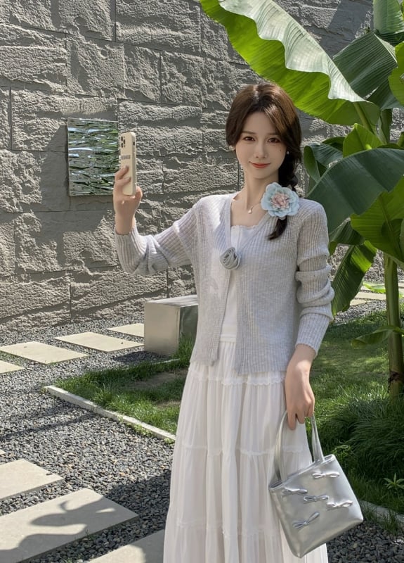 Cardigan tricotat cu imprimeu floral, poliester subțire, mâneci lungi, lungime scurtă