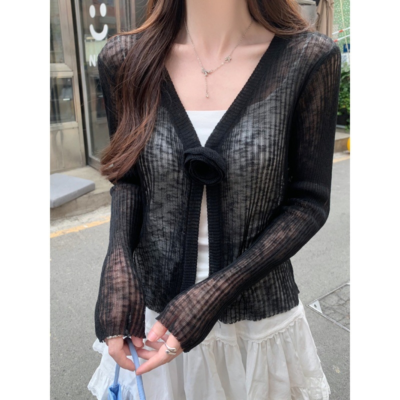 Cardigan tricotat cu imprimeu floral, poliester subțire, mâneci lungi, lungime scurtă