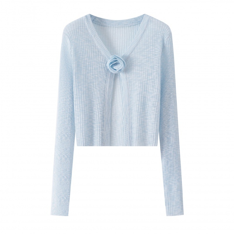 Cardigan tricotat cu imprimeu floral, poliester subțire, mâneci lungi, lungime scurtă