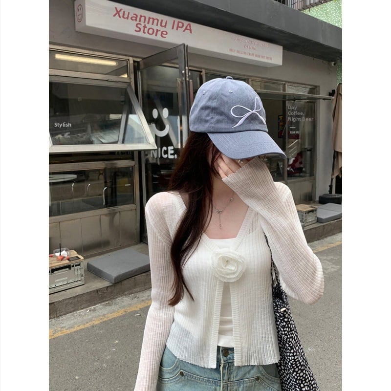 Cardigan tricotat cu imprimeu floral, poliester subțire, mâneci lungi, lungime scurtă