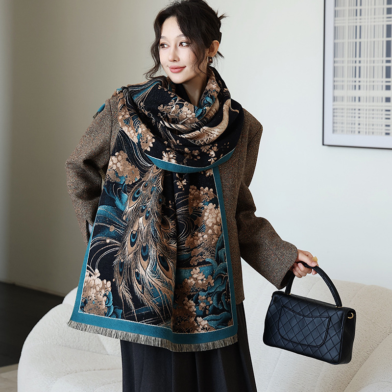 Dugi ženski šal za zimu, smjesa pamuka i poliestera s imitacijom kašmira, jacquard tkivo, književno retro stil s kineskim utjecajem, topao i svestran