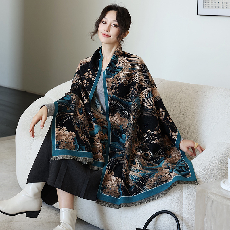 Dugi ženski šal za zimu, smjesa pamuka i poliestera s imitacijom kašmira, jacquard tkivo, književno retro stil s kineskim utjecajem, topao i svestran
