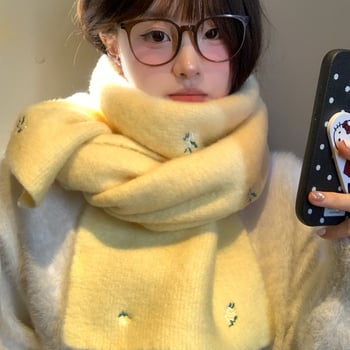 Корейски стил шал с флорална бродерия, вълнен плетен шал, топло през зимата, свеж и сладък стил